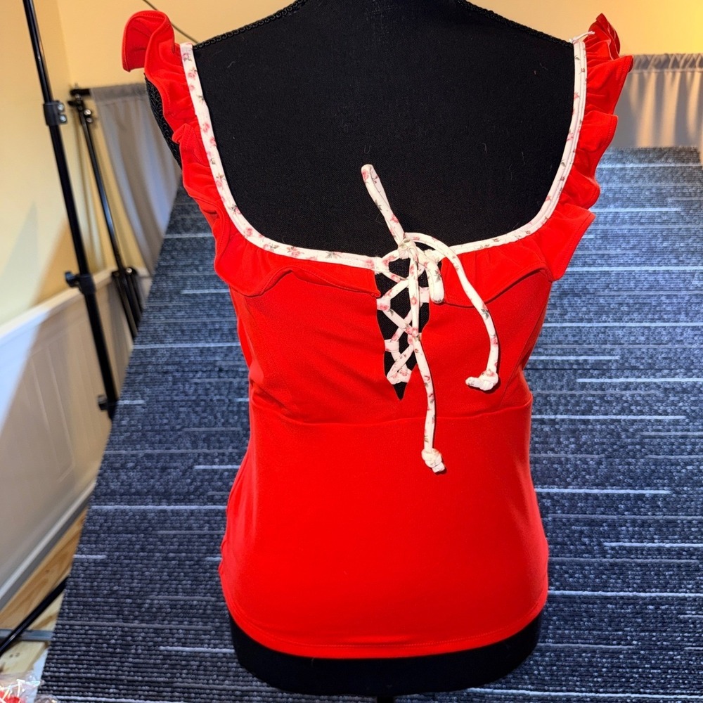 Blogilates Ruffle Lace Up Tank Women XS Red NEW Floral Trim Activewear Top